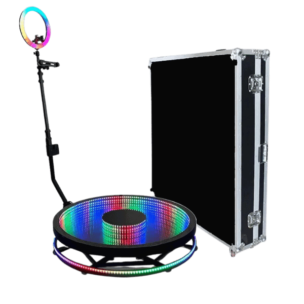360 photo booth with its illuminated platform, ring-light arm and hard transport case, on a white background