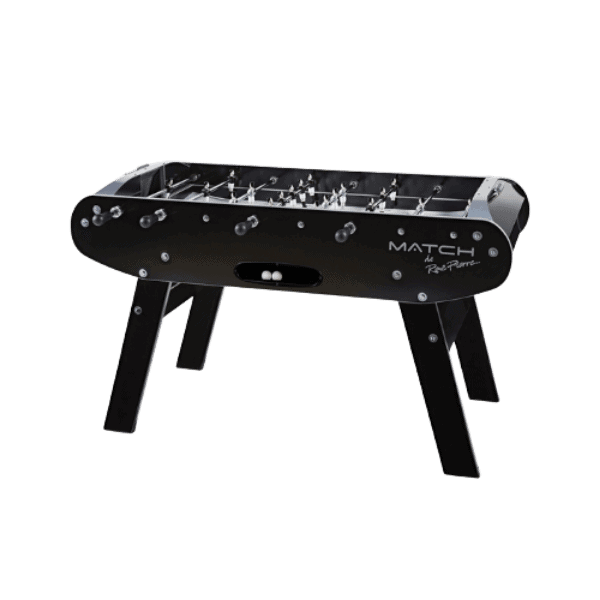 Black René Pierre MATCH foosball table with players on chrome rods and the MATCH logo on the side, on a white background