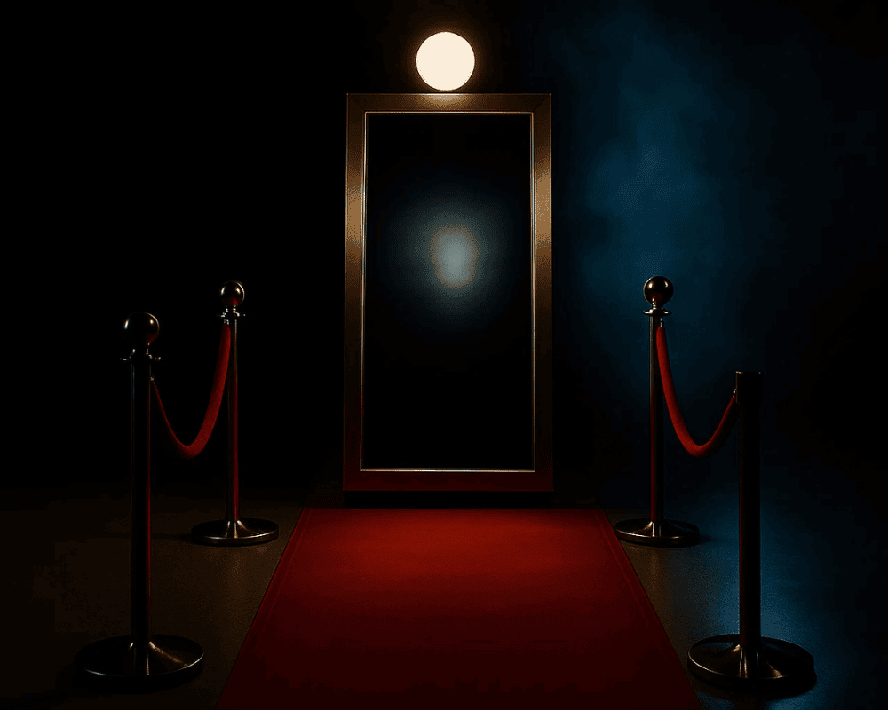 Gold-framed mirror photo booth under a spotlight, with a red carpet and red rope barriers in a dark room