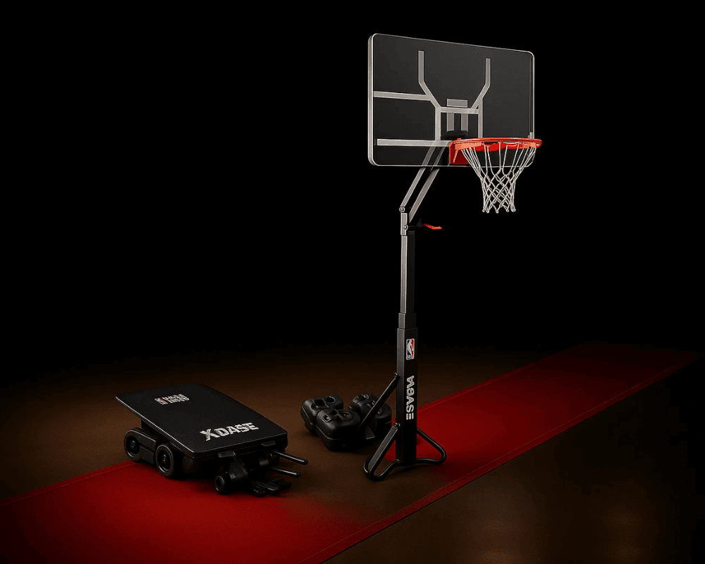 Mobile NBA basketball hoop on a red carpet, with its wheeled base and weights, against a black background