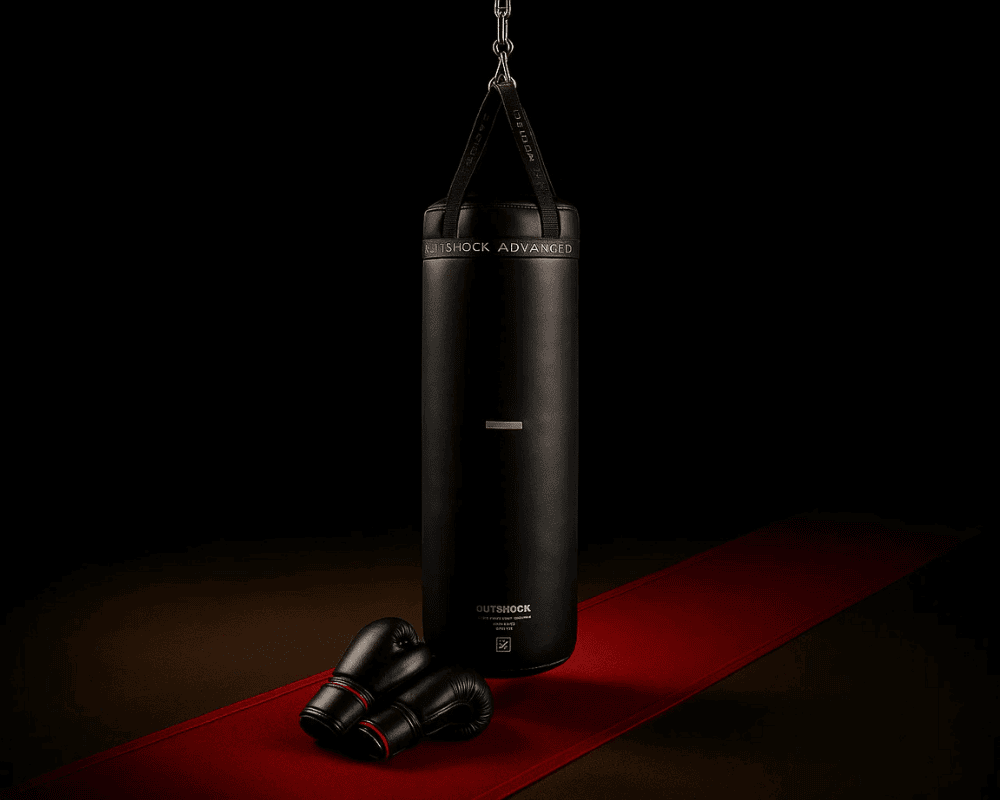 Black punching bag hanging, with a pair of boxing gloves on the floor