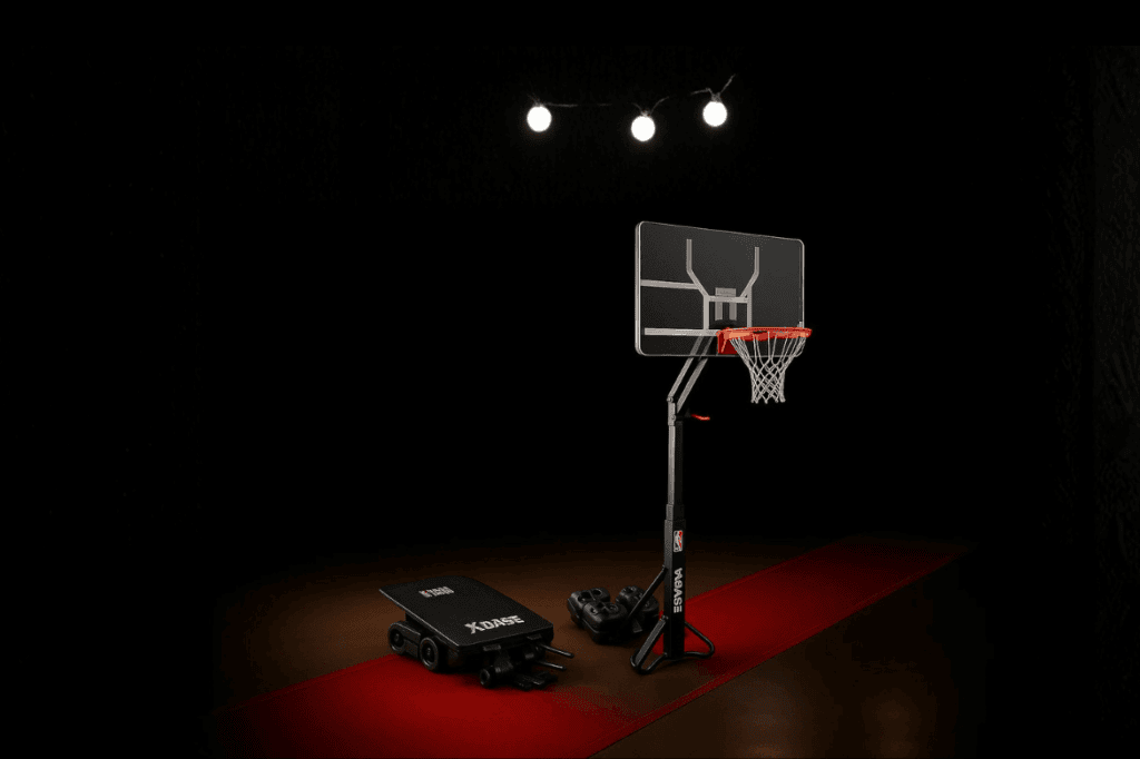 NBA basketball hoop on its stand on a red carpet, with its wheeled ballast base beside it, under a string of three bulbs