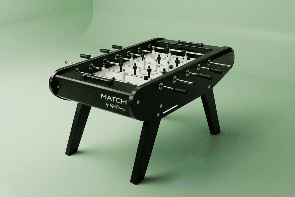 Black René Pierre MATCH foosball table with black and white players, telescopic rods and handles