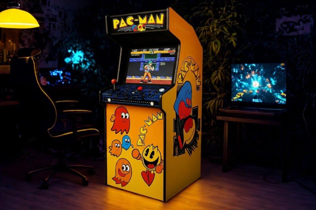 Upright arcade machine decorated in Pac-Man colours, screen showing a retro game, in a dark room