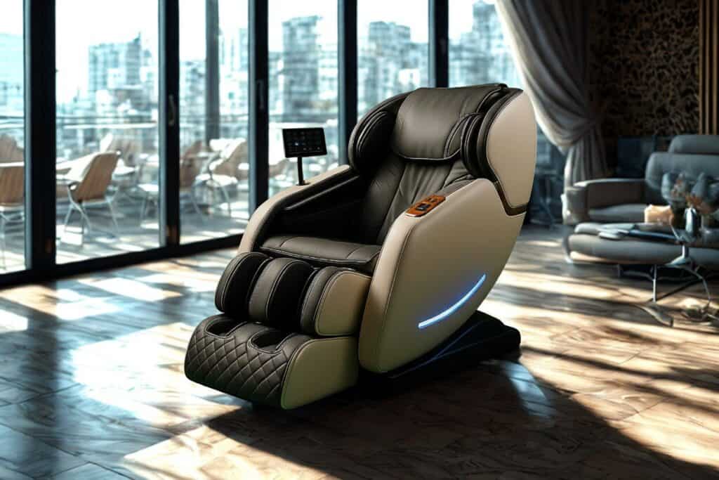 Zero Gravity massage chair in a bright lounge with floor-to-ceiling windows, an example of a relaxation area for a seminar in Marrakech