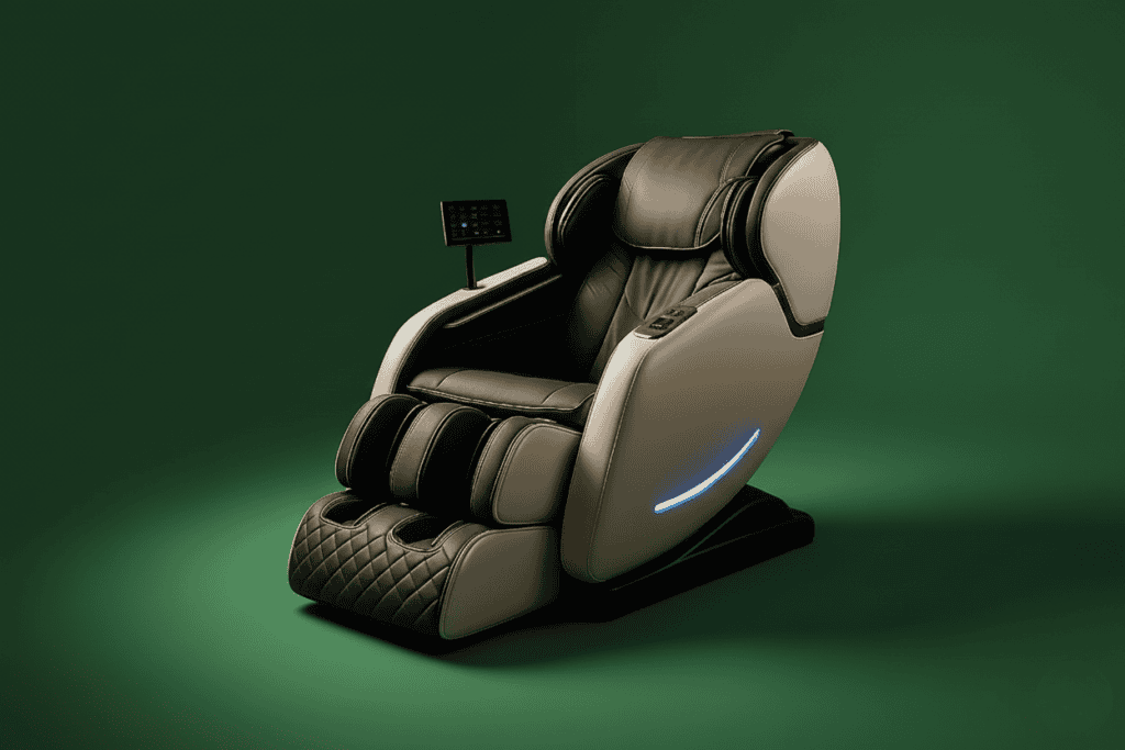 Beige and brown Zero Gravity massage chair with a touchscreen remote, against a green background