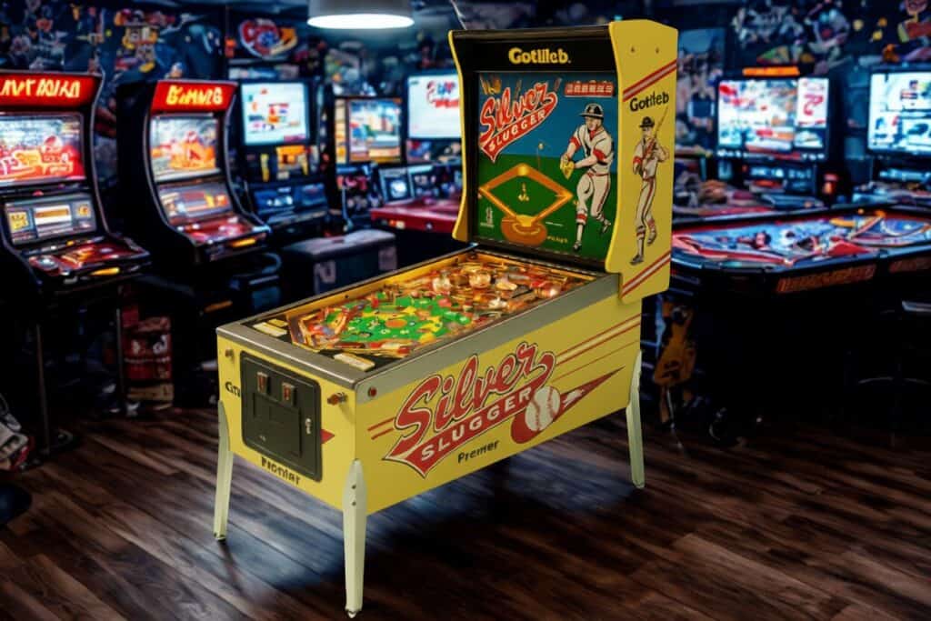 Yellow vintage pinball machine with an illuminated playfield, in a games room