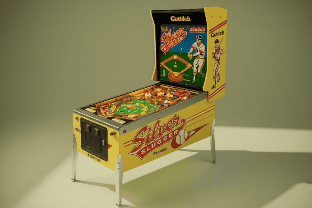 Vintage yellow baseball-themed pinball machine with a lit playfield, in a bright room