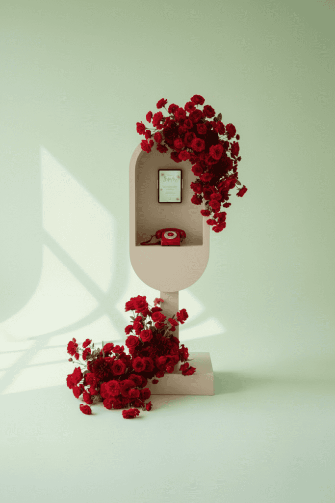 Oval audio guest book booth with a tablet and a red rotary phone, decorated with red roses, against a pale green background