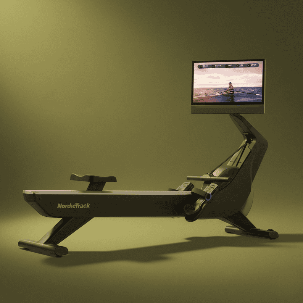 NordicTrack connected rowing machine with a large touchscreen, side view, offered as a fitness activity for conference breaks in Marrakech