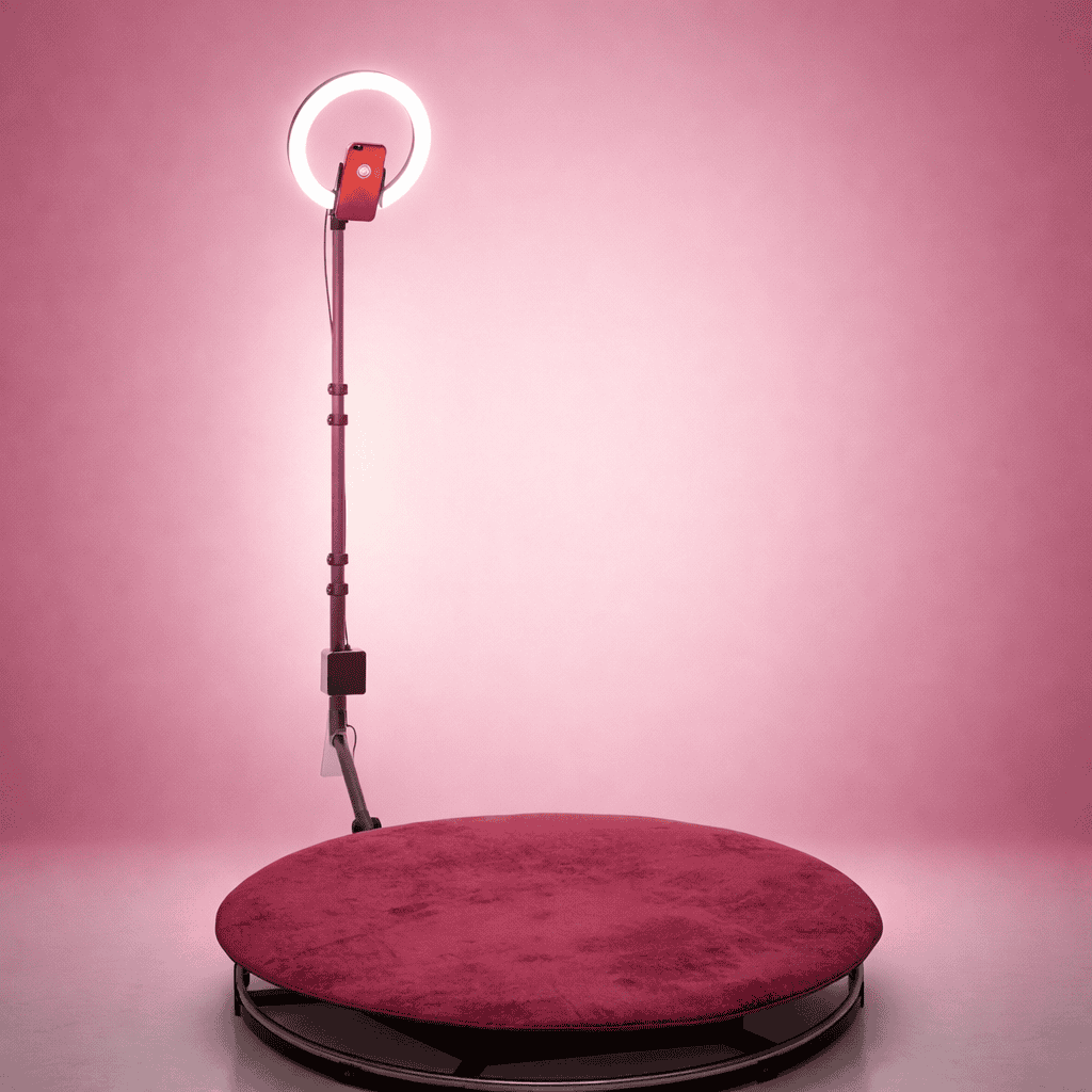 360° photo booth: round platform covered in red velvet and an upright arm holding a ring light and a smartphone, against a pink background