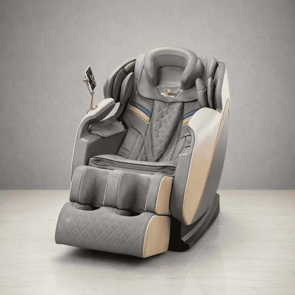 Grey and beige wraparound massage chair with a quilted leg rest and a control tablet on the armrest, on a light floor against a grey wall
