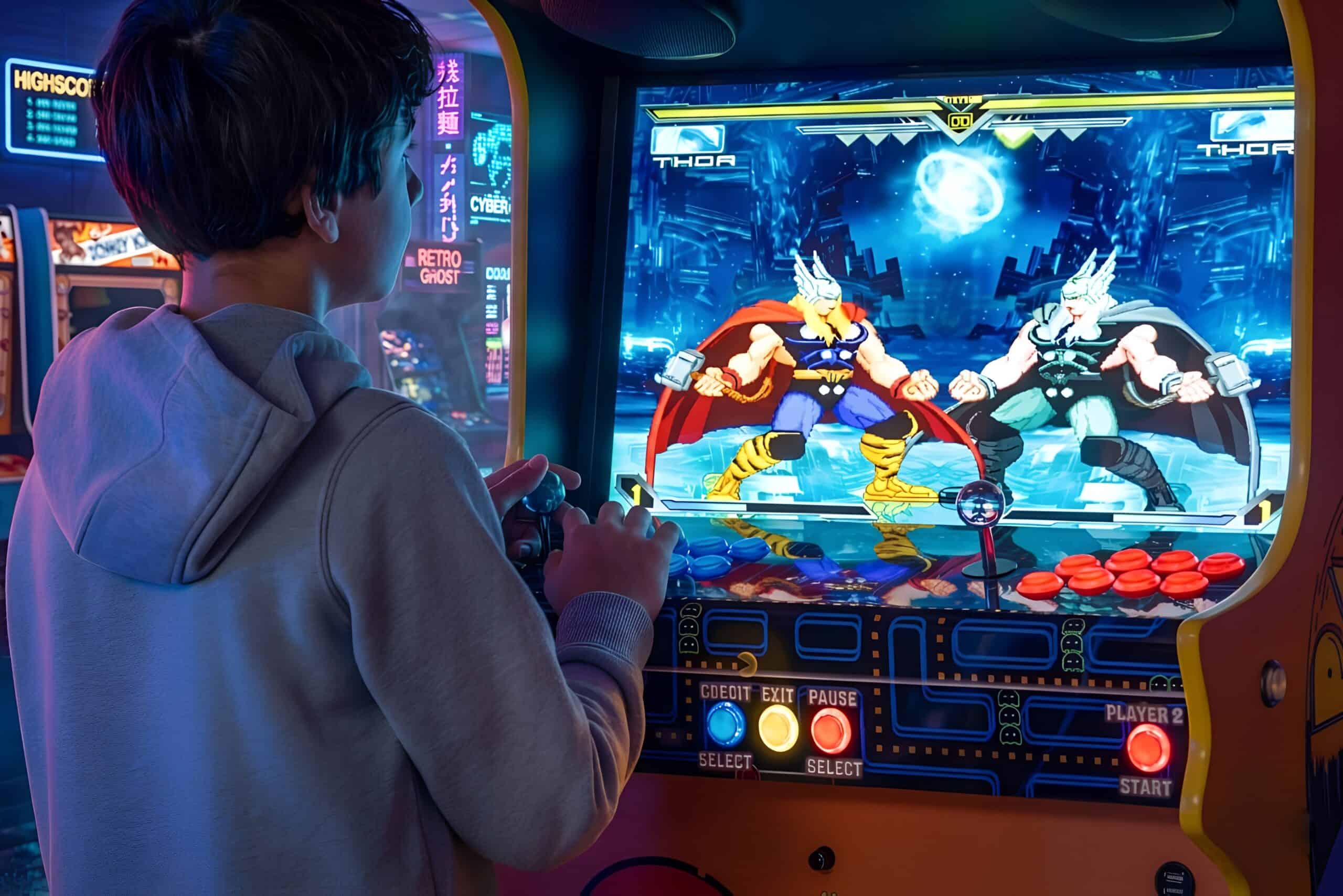 Teenager in a hoodie playing a fighting game on an arcade machine in a neon-lit room