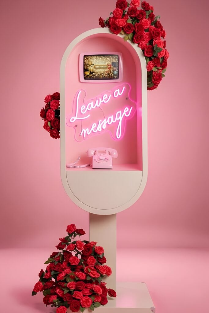 Pink audio guest book booth with a “Leave a message” neon sign, rotary phone and screen, decorated with red roses