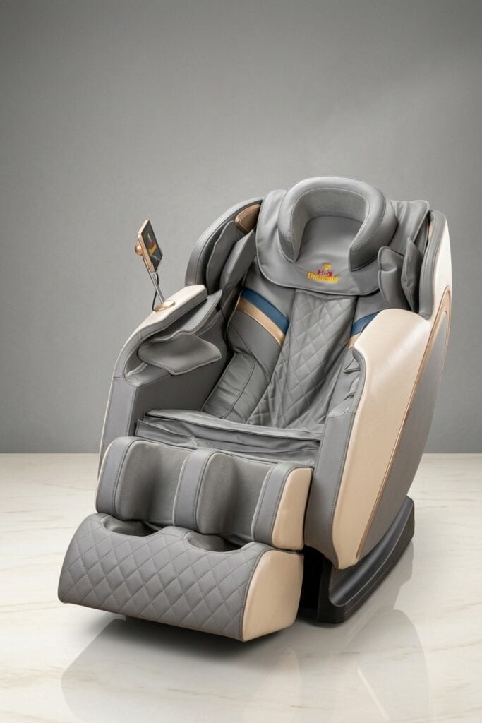 Grey and beige massage chair with a quilted leg rest, on a light marble floor