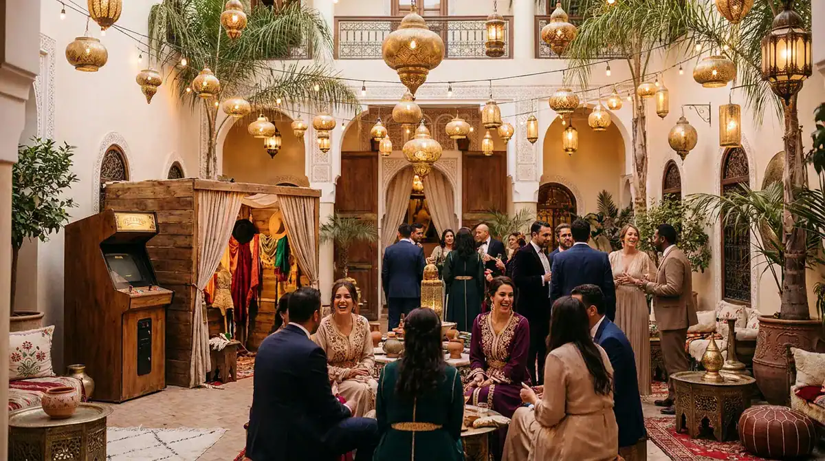 Soirée d'événement dans un riad à Marrakech avec coin animation, lanternes dorées et invités élégants