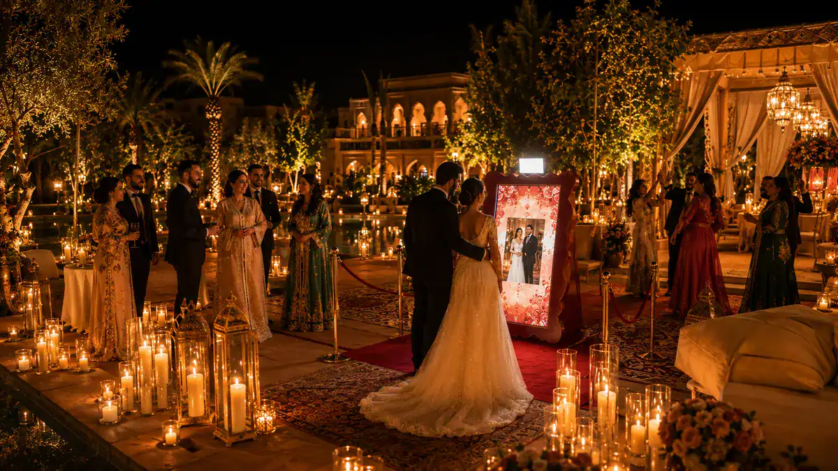 Couple de mariés devant un photobooth miroir à cadre rouge lors d'un mariage en extérieur à Marrakech, décor de bougies et lanternes