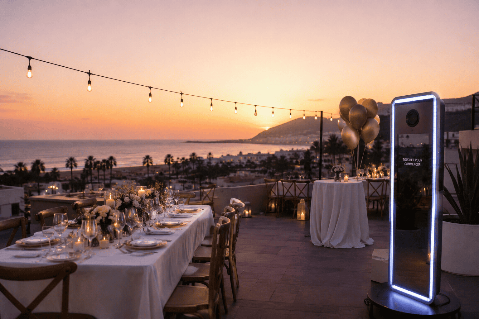 Table d’anniversaire dressée sur une terrasse face à la baie d’Agadir au coucher du soleil, avec ballons dorés et photobooth miroir