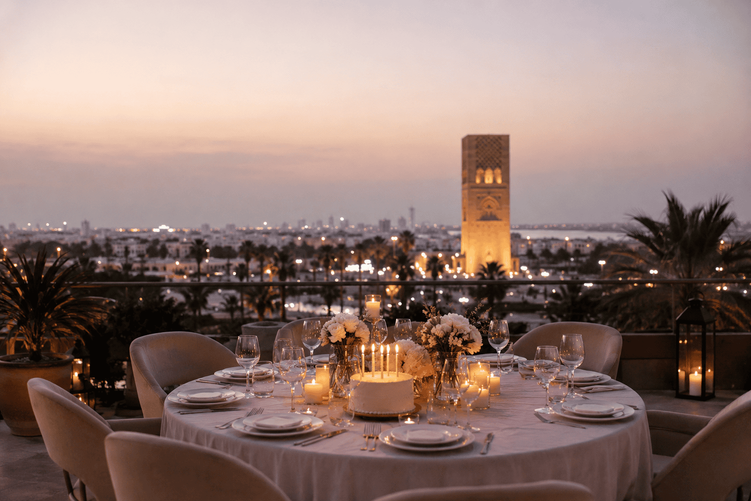 Dîner d’anniversaire aux chandelles sur une terrasse face à la tour Hassan de Rabat, au crépuscule